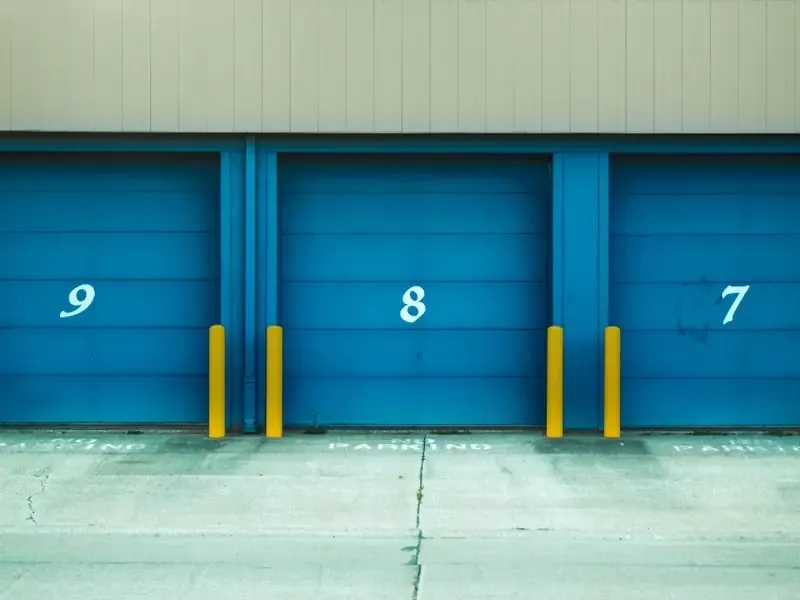 Row of blue garage doors
